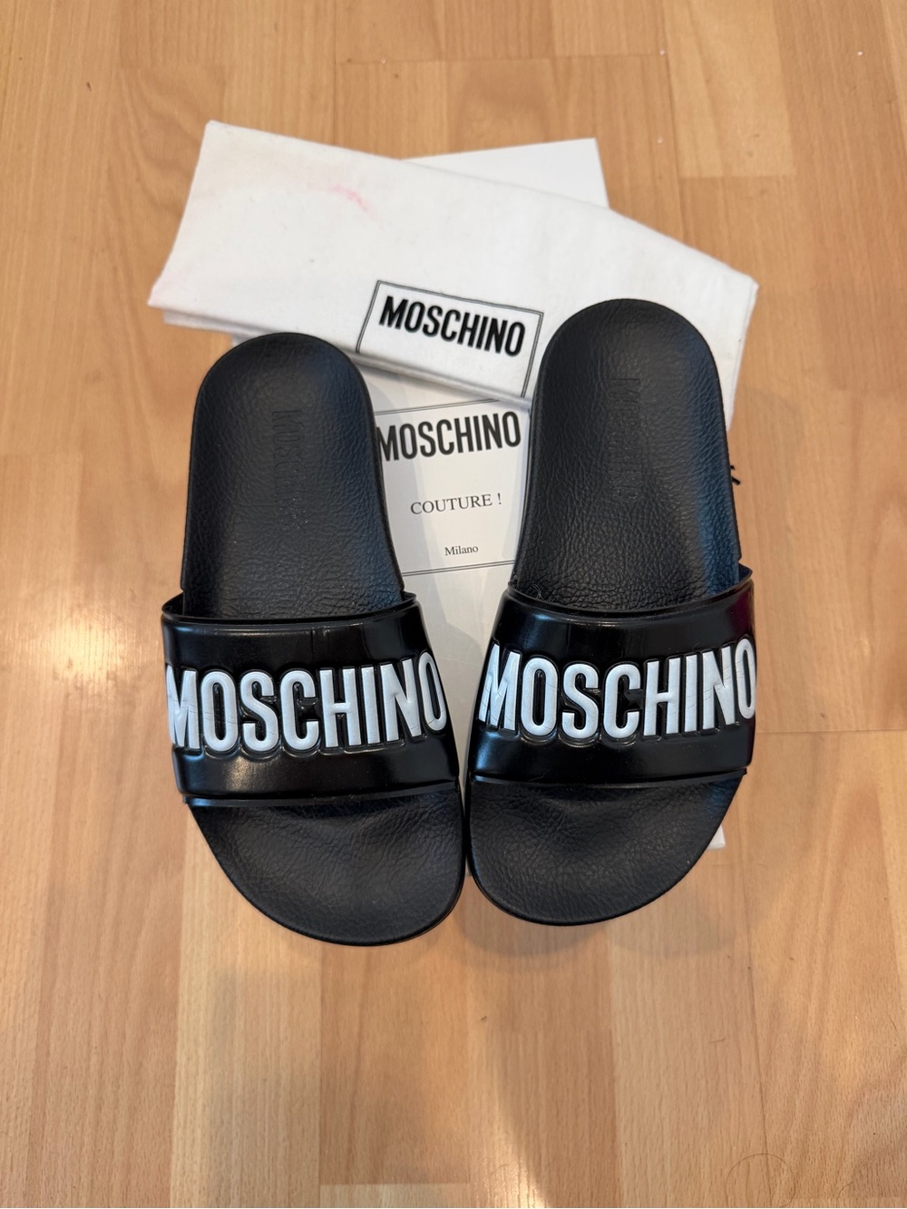 Moschino Black Slide Sandals with White Logo